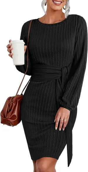 HOTOUCH Women's Casual Knit Dress Long Lantern Sleeve Fall Bodycon Dress Crewneck Tie Waist Rib Knitted Sweater Dresses