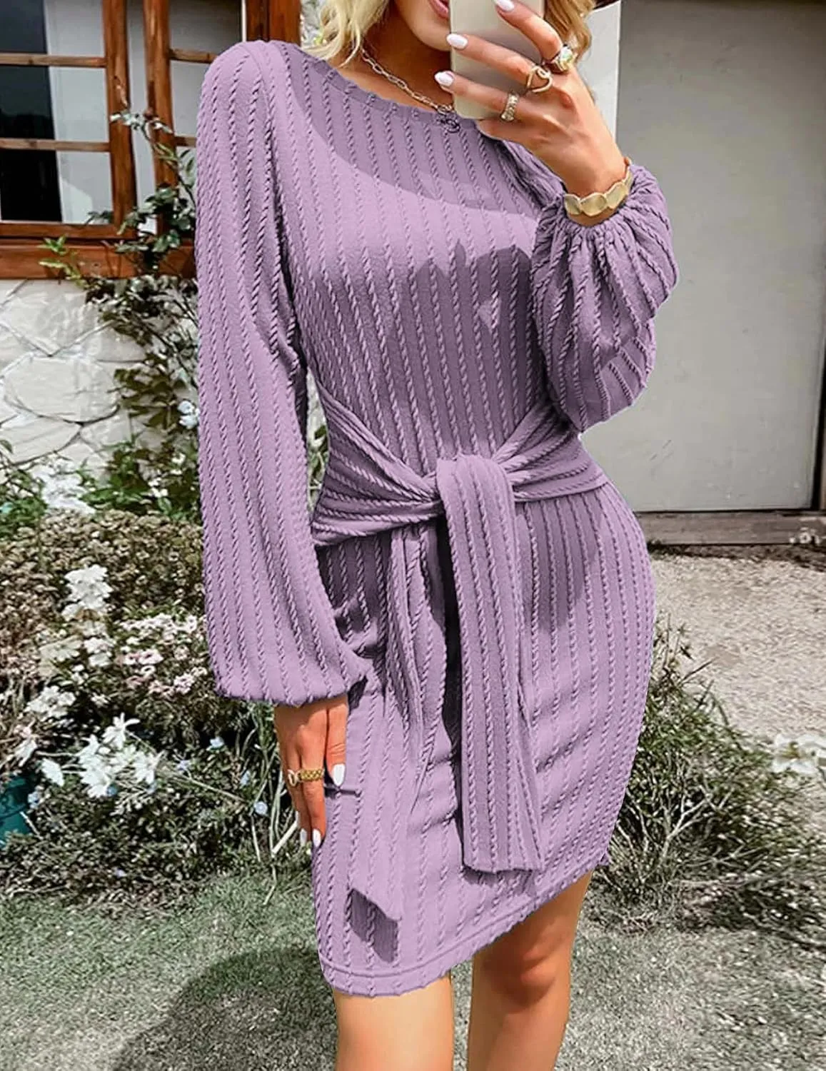 HOTOUCH Women's Casual Knit Dress Long Lantern Sleeve Fall Bodycon Dress Crewneck Tie Waist Rib Knitted Sweater Dresses