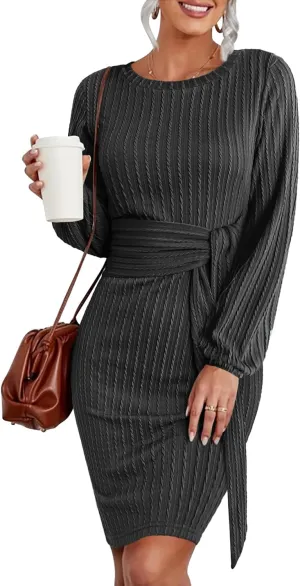HOTOUCH Women's Casual Knit Dress Long Lantern Sleeve Fall Bodycon Dress Crewneck Tie Waist Rib Knitted Sweater Dresses