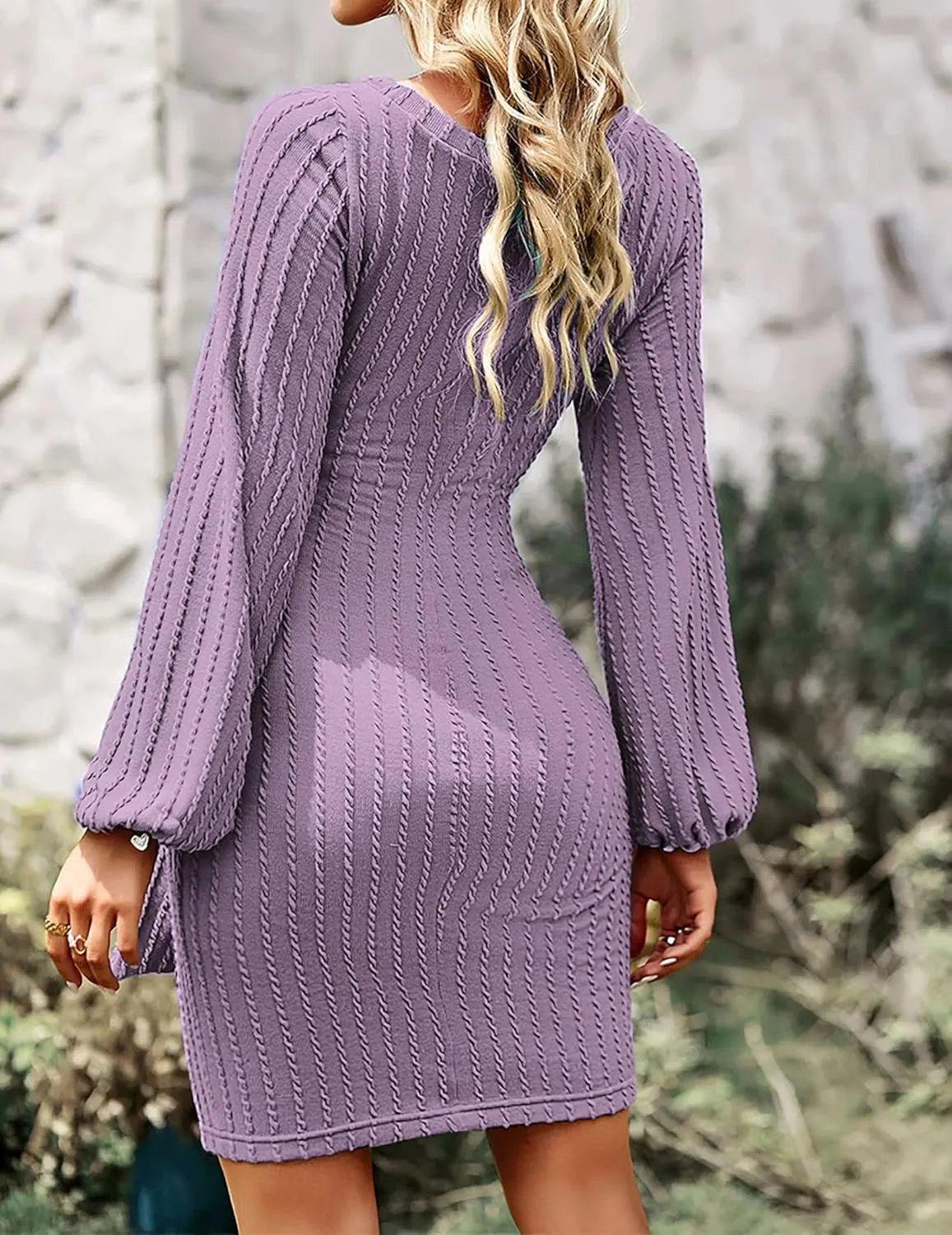 HOTOUCH Women's Casual Knit Dress Long Lantern Sleeve Fall Bodycon Dress Crewneck Tie Waist Rib Knitted Sweater Dresses