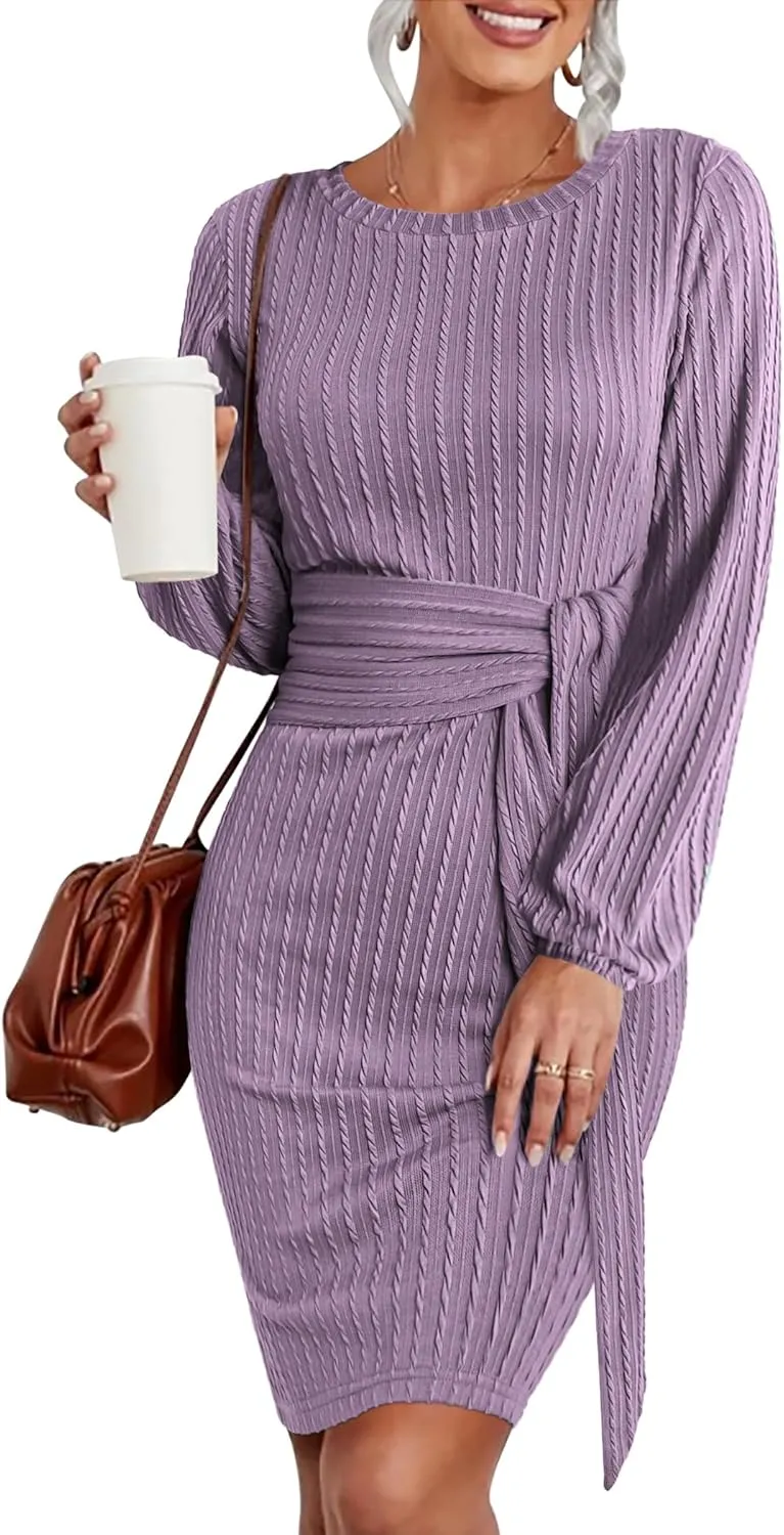HOTOUCH Women's Casual Knit Dress Long Lantern Sleeve Fall Bodycon Dress Crewneck Tie Waist Rib Knitted Sweater Dresses