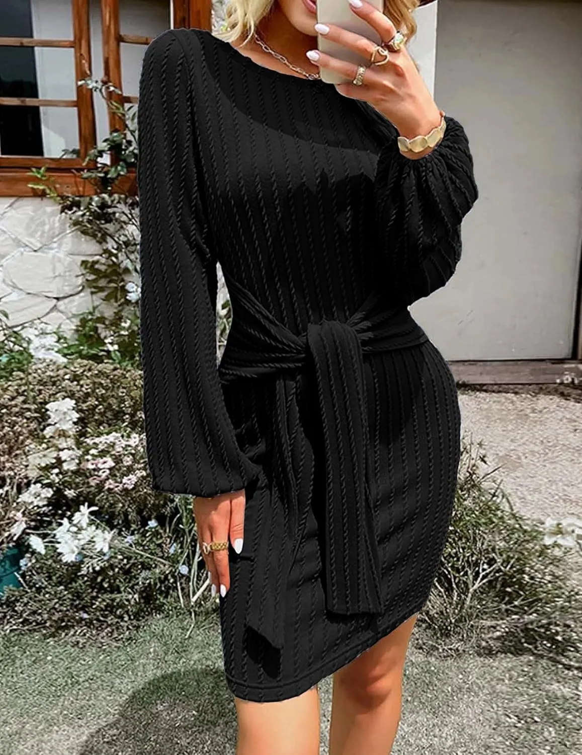 HOTOUCH Women's Casual Knit Dress Long Lantern Sleeve Fall Bodycon Dress Crewneck Tie Waist Rib Knitted Sweater Dresses