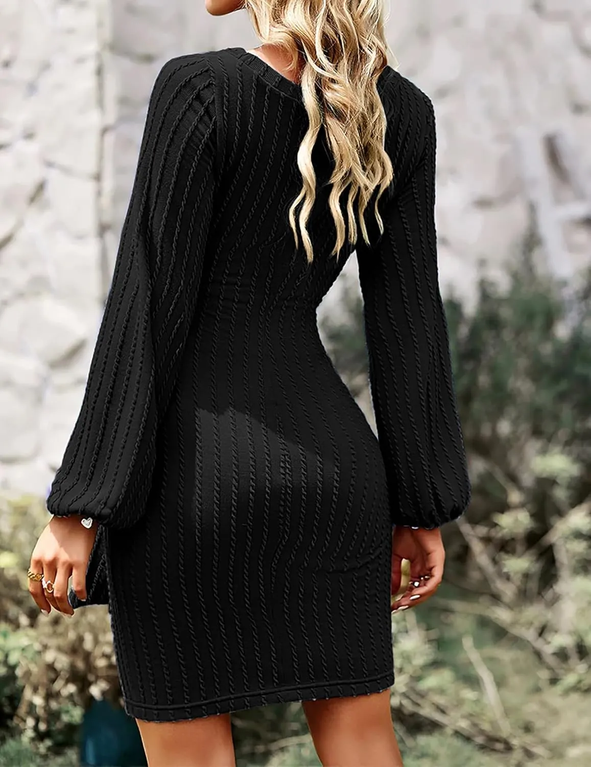 HOTOUCH Women's Casual Knit Dress Long Lantern Sleeve Fall Bodycon Dress Crewneck Tie Waist Rib Knitted Sweater Dresses