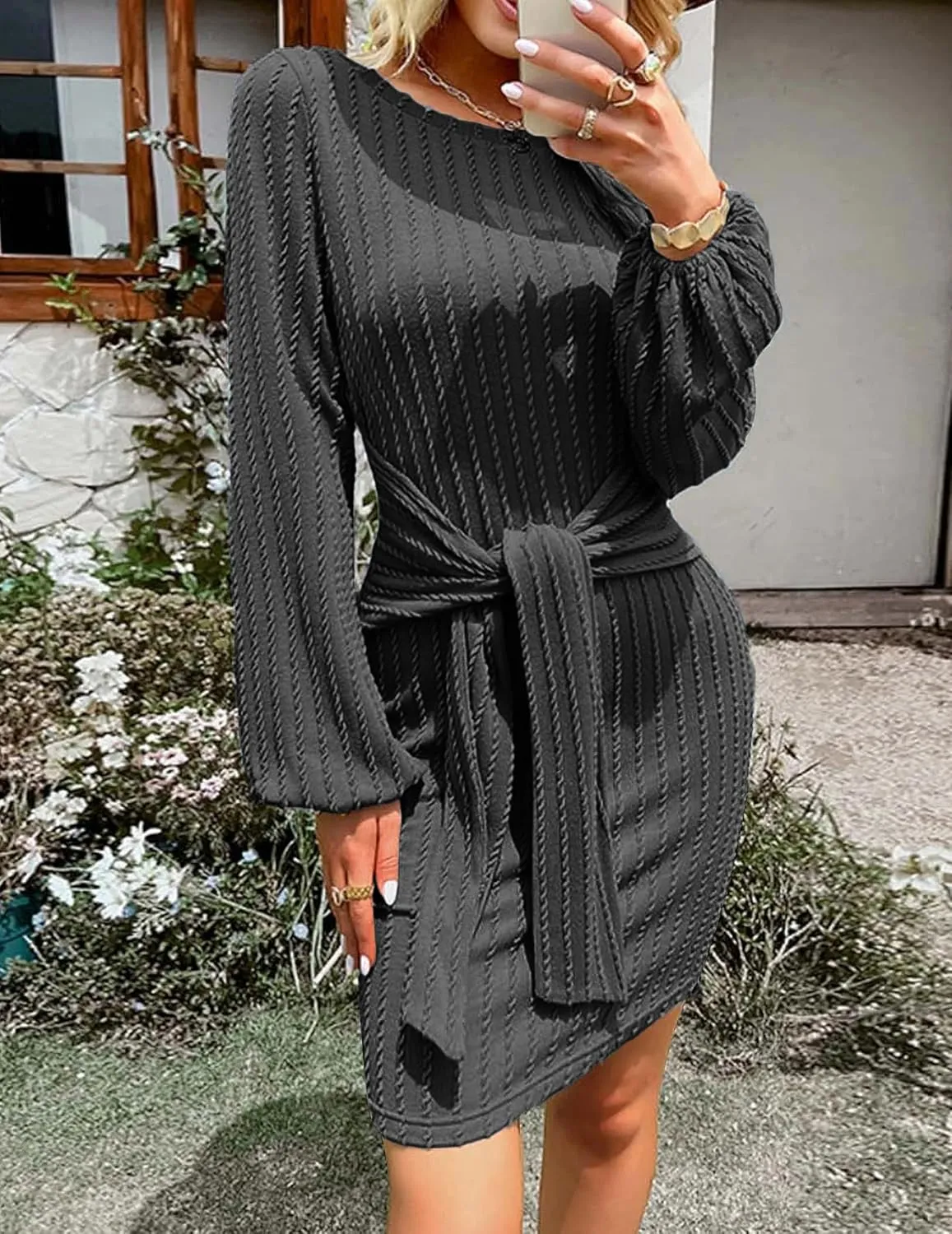 HOTOUCH Women's Casual Knit Dress Long Lantern Sleeve Fall Bodycon Dress Crewneck Tie Waist Rib Knitted Sweater Dresses