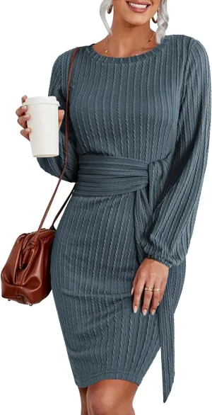 HOTOUCH Women's Casual Knit Dress Long Lantern Sleeve Fall Bodycon Dress Crewneck Tie Waist Rib Knitted Sweater Dresses