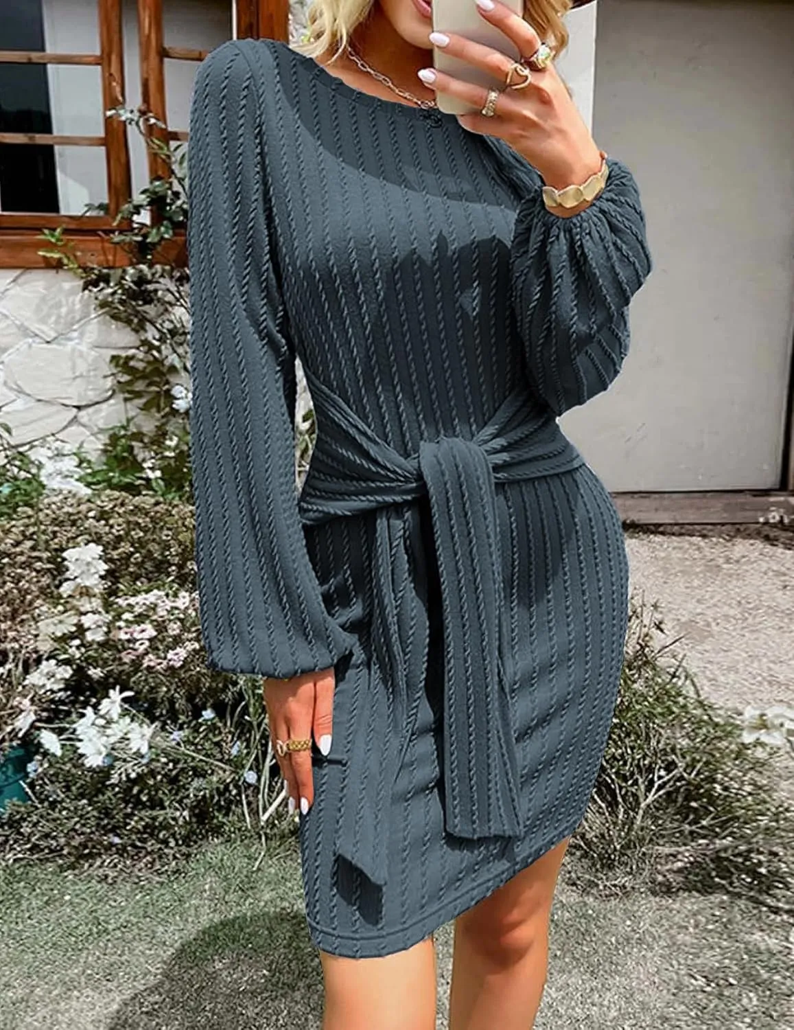 HOTOUCH Women's Casual Knit Dress Long Lantern Sleeve Fall Bodycon Dress Crewneck Tie Waist Rib Knitted Sweater Dresses