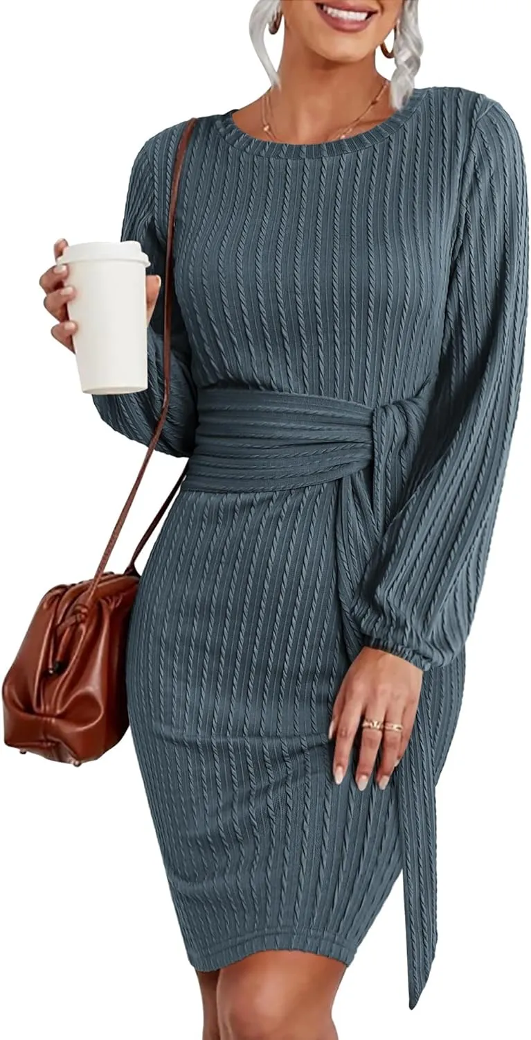 HOTOUCH Women's Casual Knit Dress Long Lantern Sleeve Fall Bodycon Dress Crewneck Tie Waist Rib Knitted Sweater Dresses
