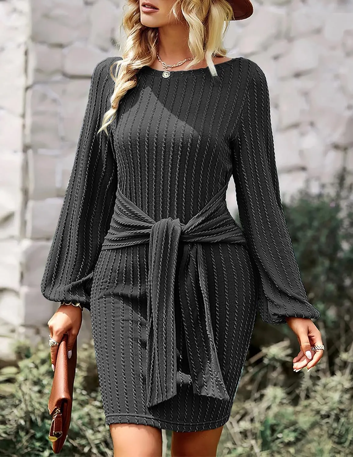 HOTOUCH Women's Casual Knit Dress Long Lantern Sleeve Fall Bodycon Dress Crewneck Tie Waist Rib Knitted Sweater Dresses
