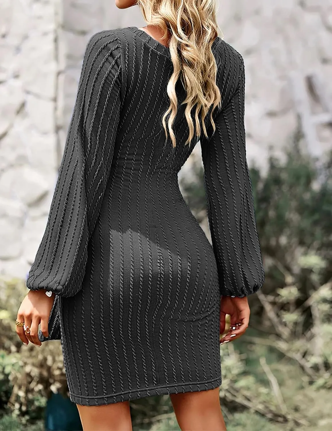 HOTOUCH Women's Casual Knit Dress Long Lantern Sleeve Fall Bodycon Dress Crewneck Tie Waist Rib Knitted Sweater Dresses