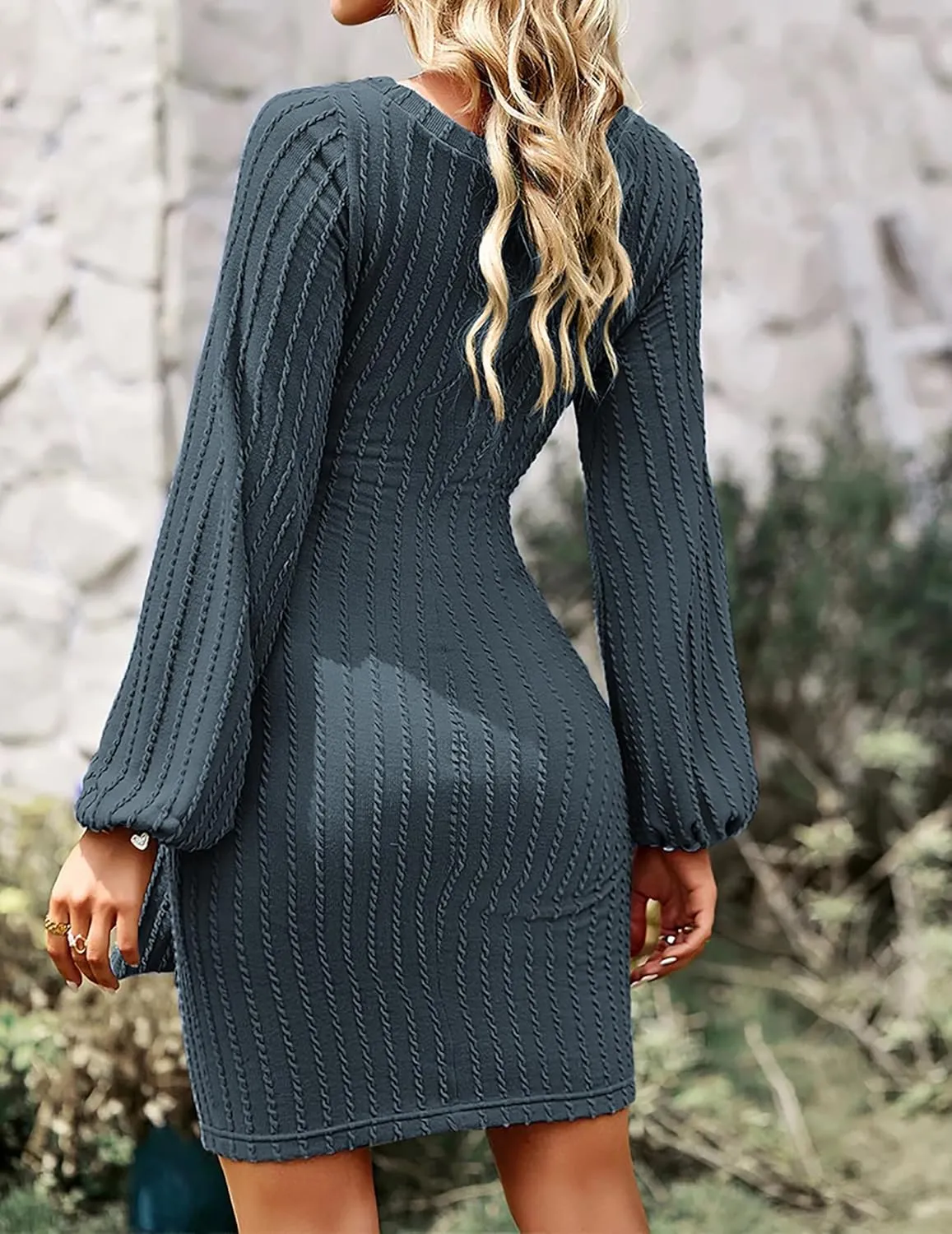 HOTOUCH Women's Casual Knit Dress Long Lantern Sleeve Fall Bodycon Dress Crewneck Tie Waist Rib Knitted Sweater Dresses