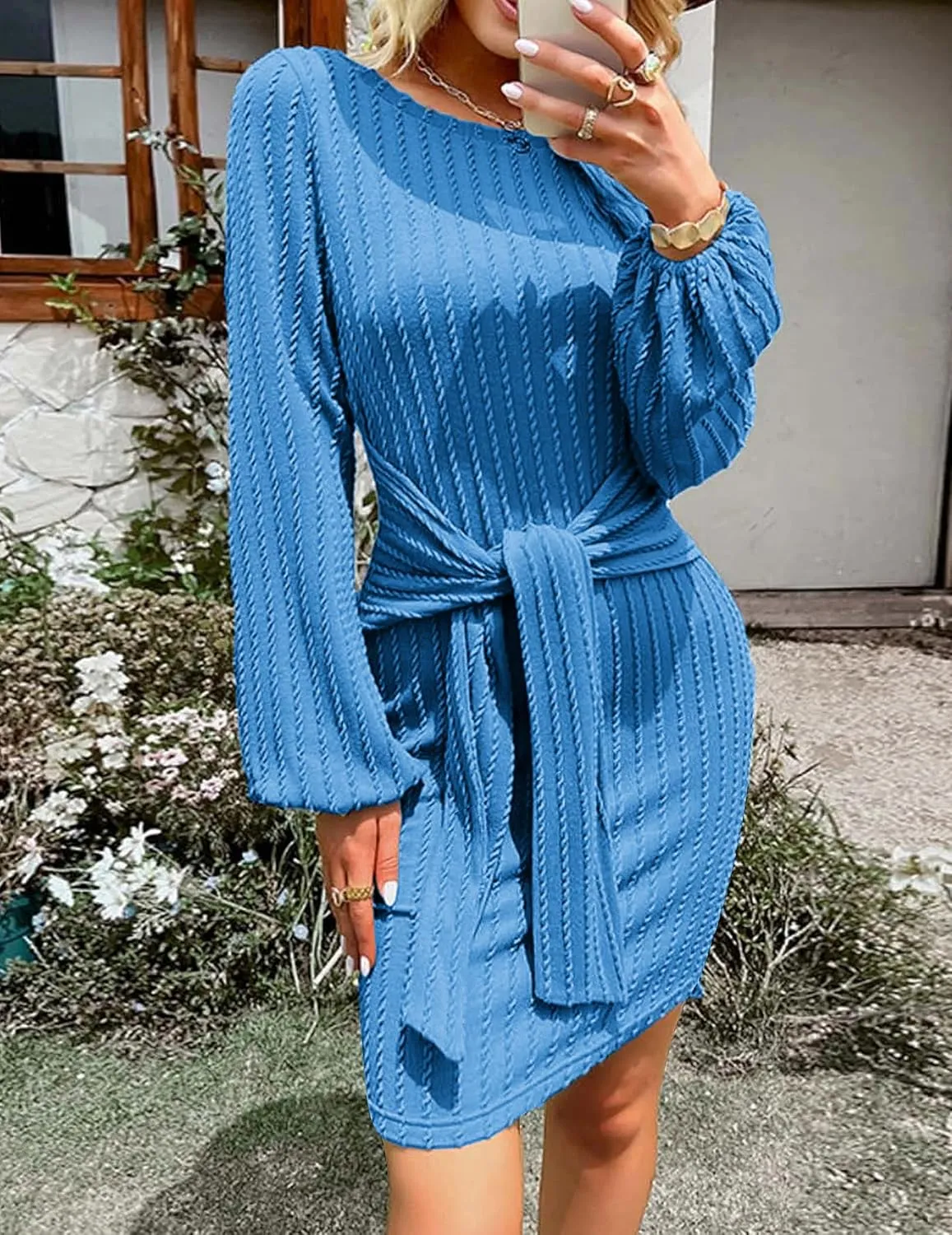 HOTOUCH Women's Casual Knit Dress Long Lantern Sleeve Fall Bodycon Dress Crewneck Tie Waist Rib Knitted Sweater Dresses