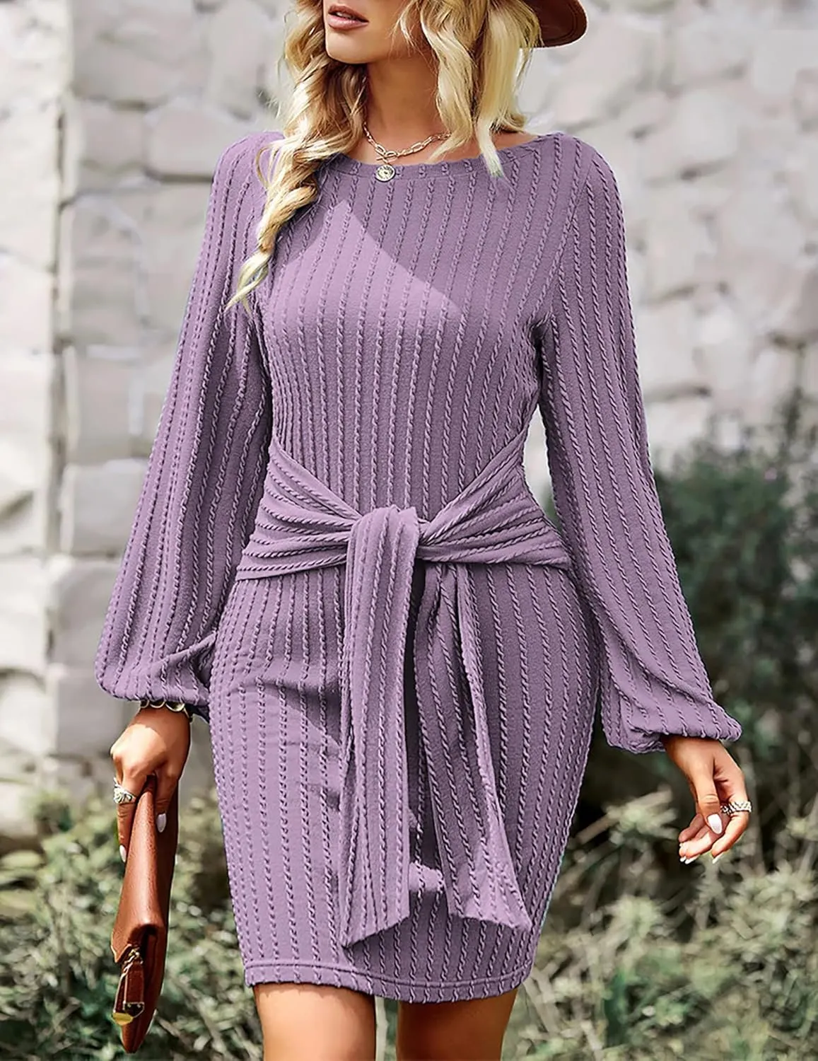 HOTOUCH Women's Casual Knit Dress Long Lantern Sleeve Fall Bodycon Dress Crewneck Tie Waist Rib Knitted Sweater Dresses