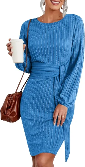 HOTOUCH Women's Casual Knit Dress Long Lantern Sleeve Fall Bodycon Dress Crewneck Tie Waist Rib Knitted Sweater Dresses