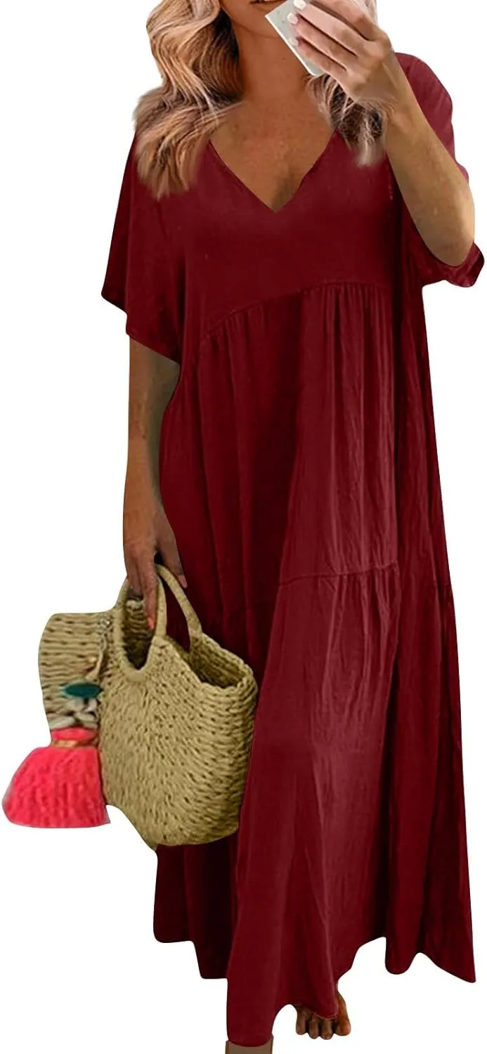 HXHYQKP Linen Dress for Women Summer Maxi Flowy Pleated Dresses Casual Plus Size Short Sleeve Beach Vacation Dress