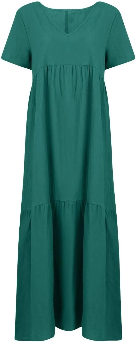 HXHYQKP Linen Dress for Women Summer Maxi Flowy Pleated Dresses Casual Plus Size Short Sleeve Beach Vacation Dress