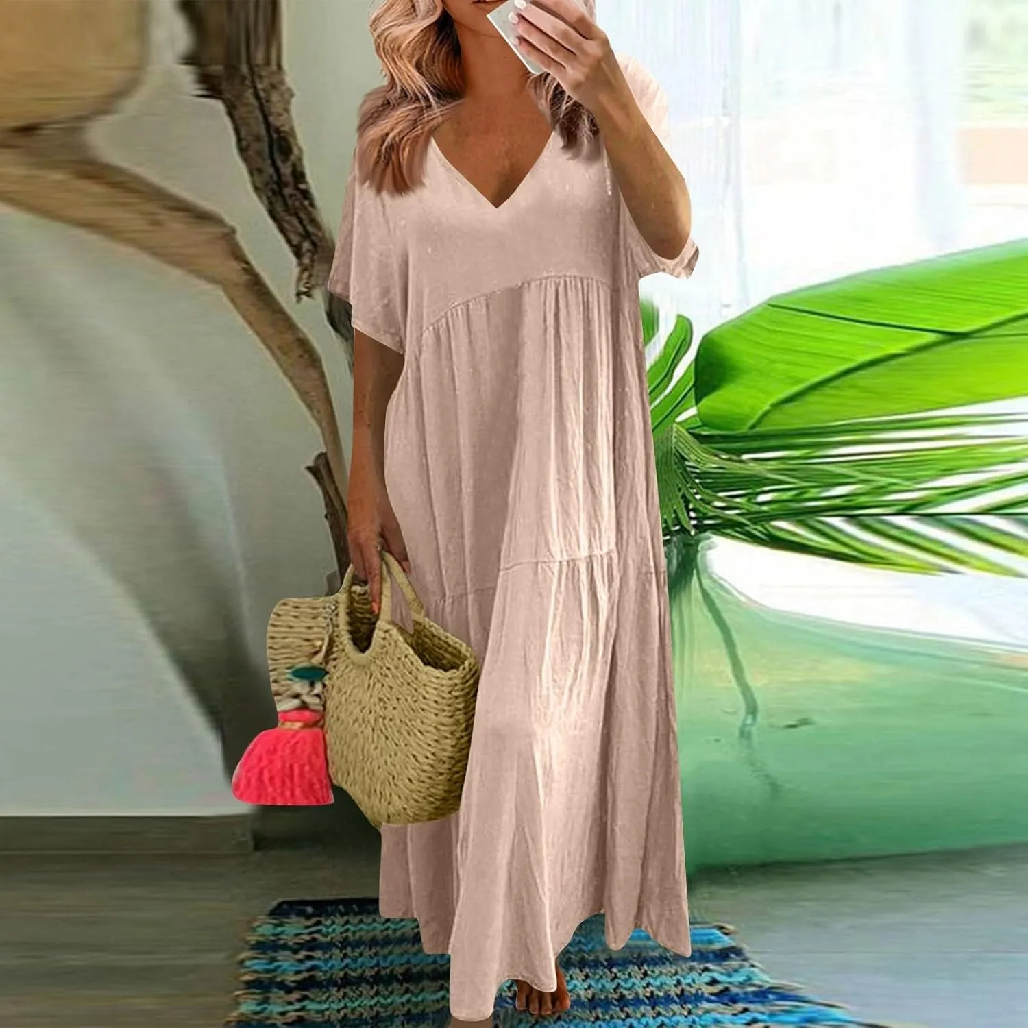 HXHYQKP Linen Dress for Women Summer Maxi Flowy Pleated Dresses Casual Plus Size Short Sleeve Beach Vacation Dress