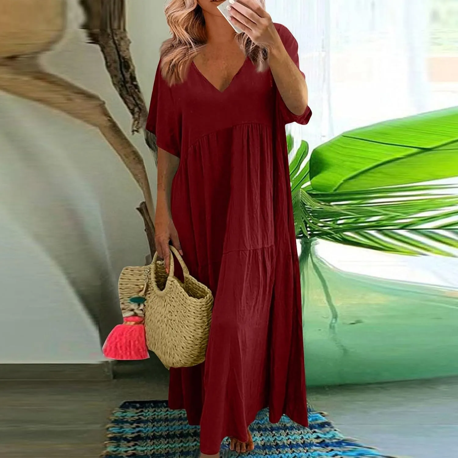 HXHYQKP Linen Dress for Women Summer Maxi Flowy Pleated Dresses Casual Plus Size Short Sleeve Beach Vacation Dress