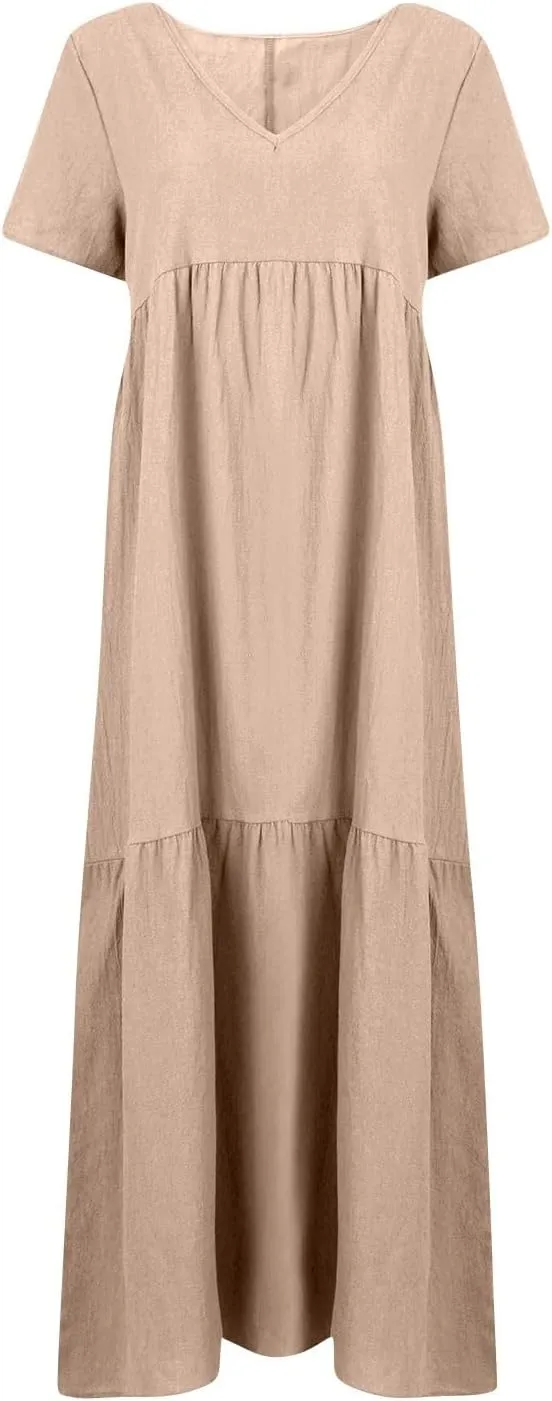 HXHYQKP Linen Dress for Women Summer Maxi Flowy Pleated Dresses Casual Plus Size Short Sleeve Beach Vacation Dress