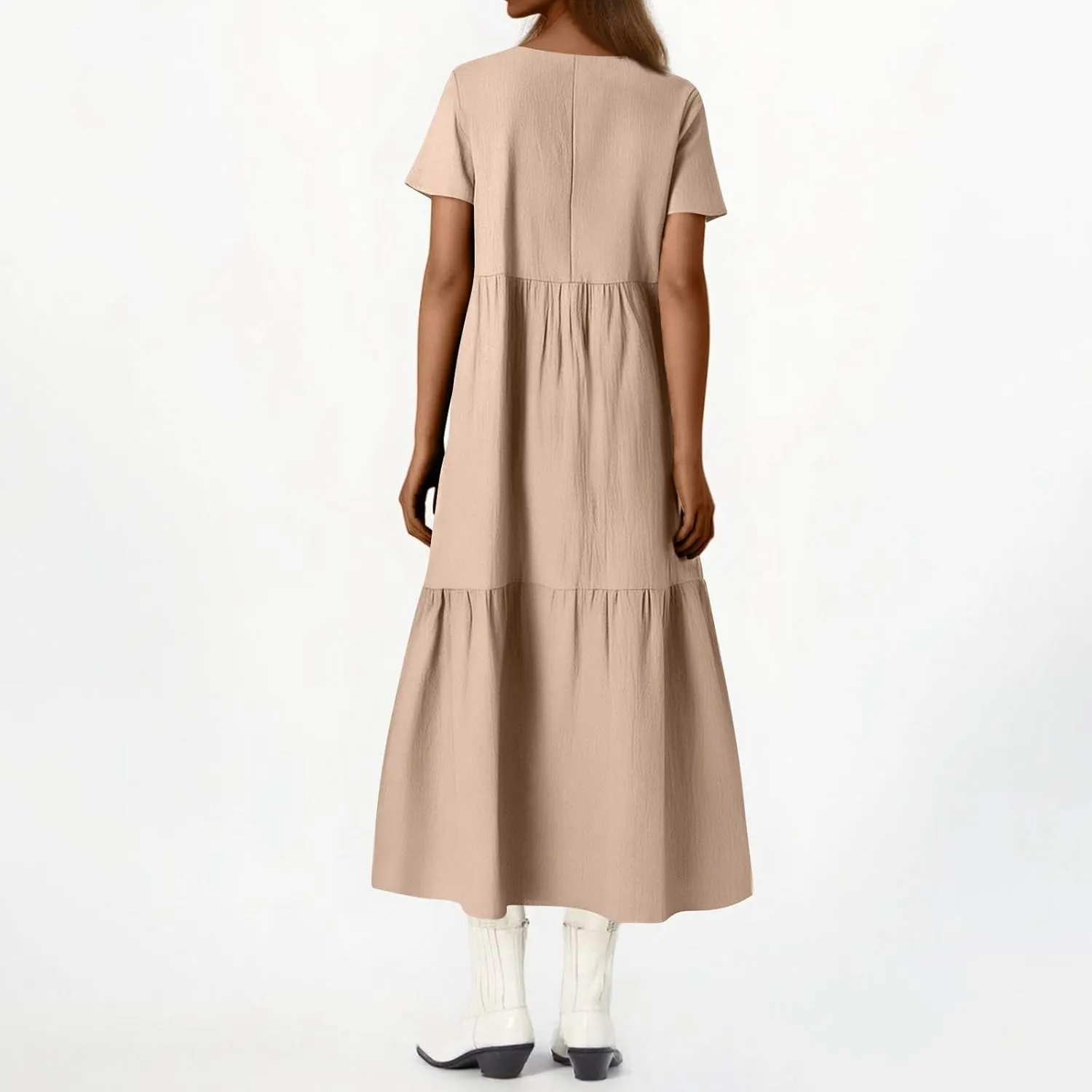 HXHYQKP Linen Dress for Women Summer Maxi Flowy Pleated Dresses Casual Plus Size Short Sleeve Beach Vacation Dress