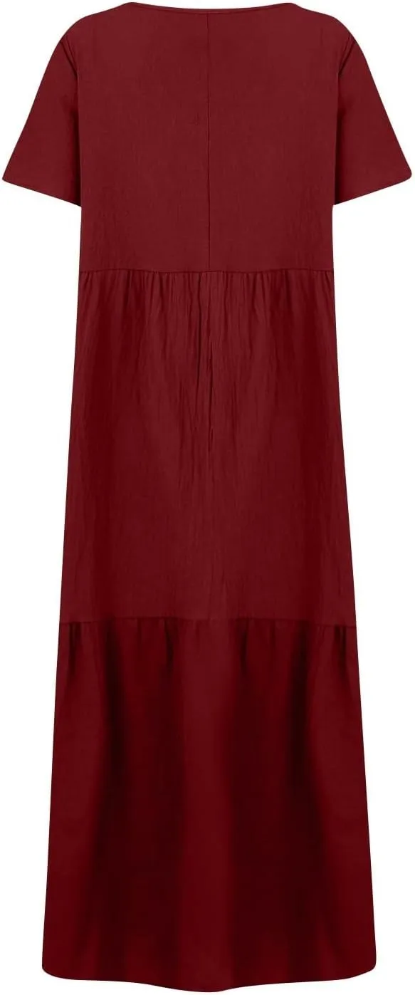 HXHYQKP Linen Dress for Women Summer Maxi Flowy Pleated Dresses Casual Plus Size Short Sleeve Beach Vacation Dress