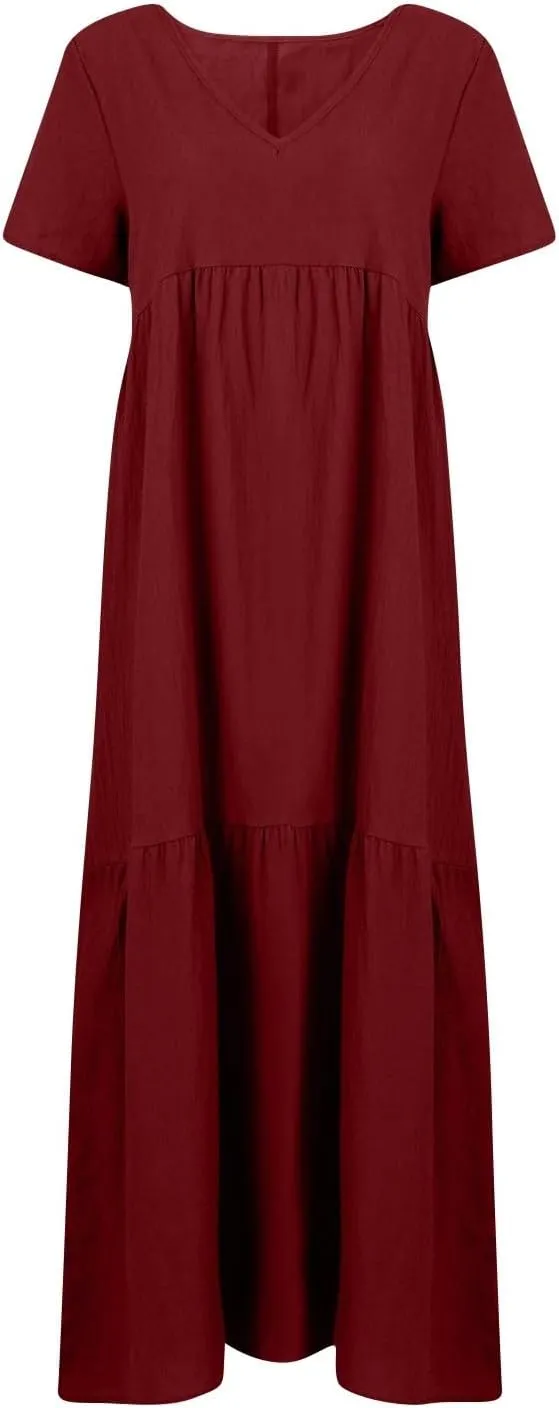 HXHYQKP Linen Dress for Women Summer Maxi Flowy Pleated Dresses Casual Plus Size Short Sleeve Beach Vacation Dress
