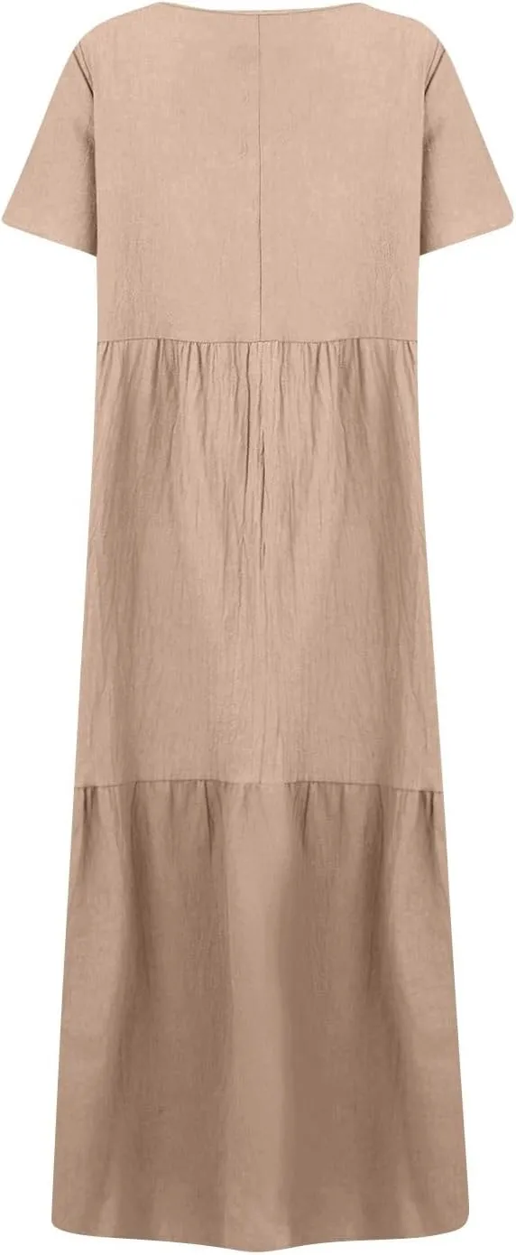 HXHYQKP Linen Dress for Women Summer Maxi Flowy Pleated Dresses Casual Plus Size Short Sleeve Beach Vacation Dress