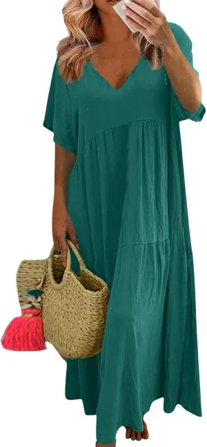 HXHYQKP Linen Dress for Women Summer Maxi Flowy Pleated Dresses Casual Plus Size Short Sleeve Beach Vacation Dress