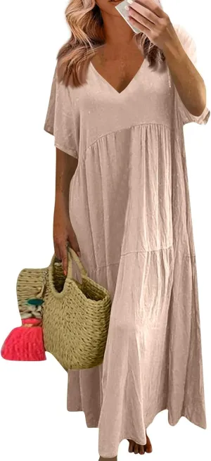 HXHYQKP Linen Dress for Women Summer Maxi Flowy Pleated Dresses Casual Plus Size Short Sleeve Beach Vacation Dress