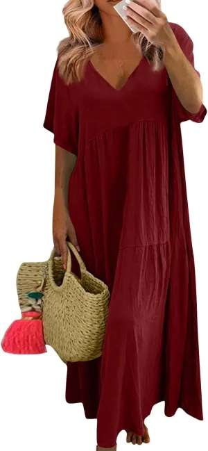 HXHYQKP Linen Dress for Women Summer Maxi Flowy Pleated Dresses Casual Plus Size Short Sleeve Beach Vacation Dress