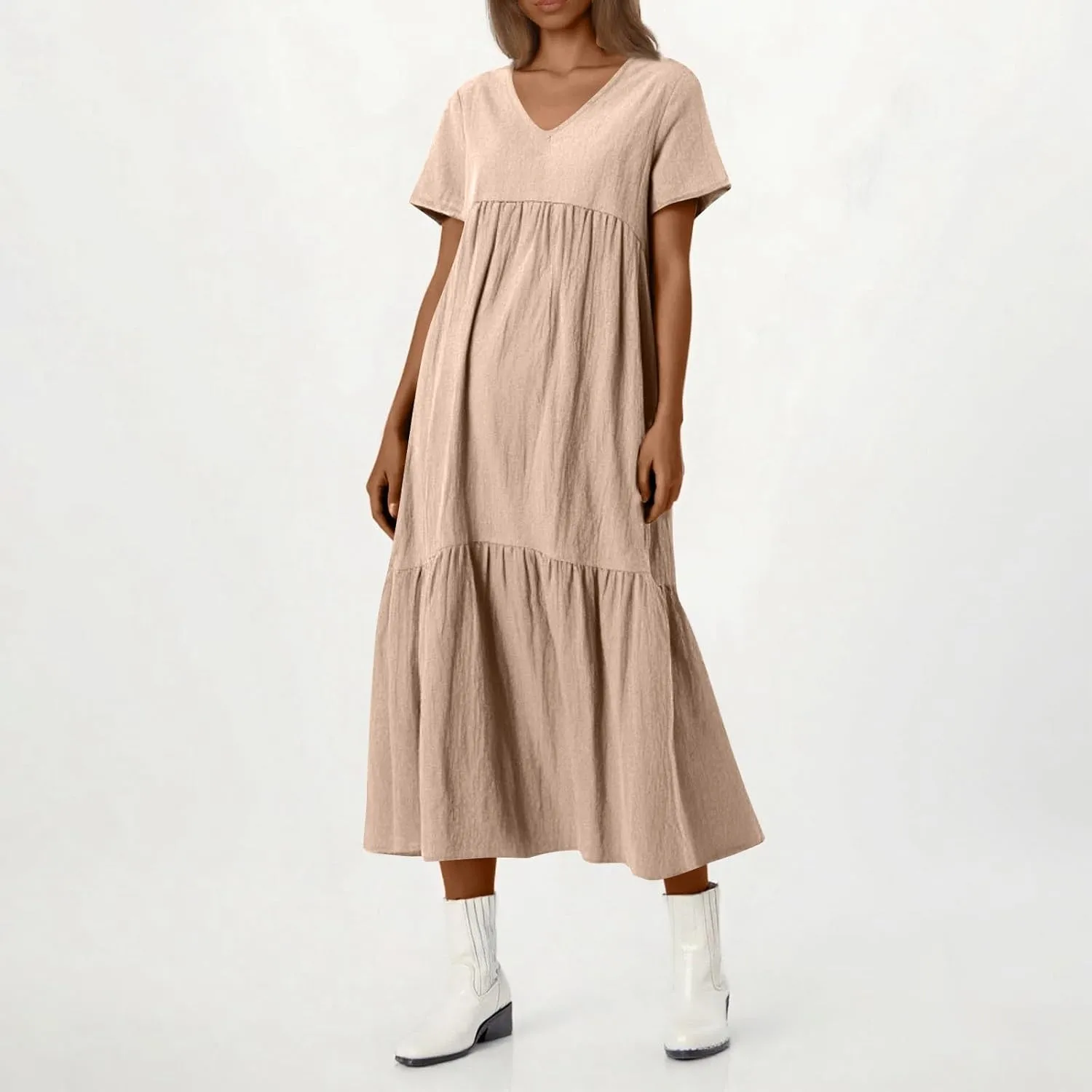 HXHYQKP Linen Dress for Women Summer Maxi Flowy Pleated Dresses Casual Plus Size Short Sleeve Beach Vacation Dress
