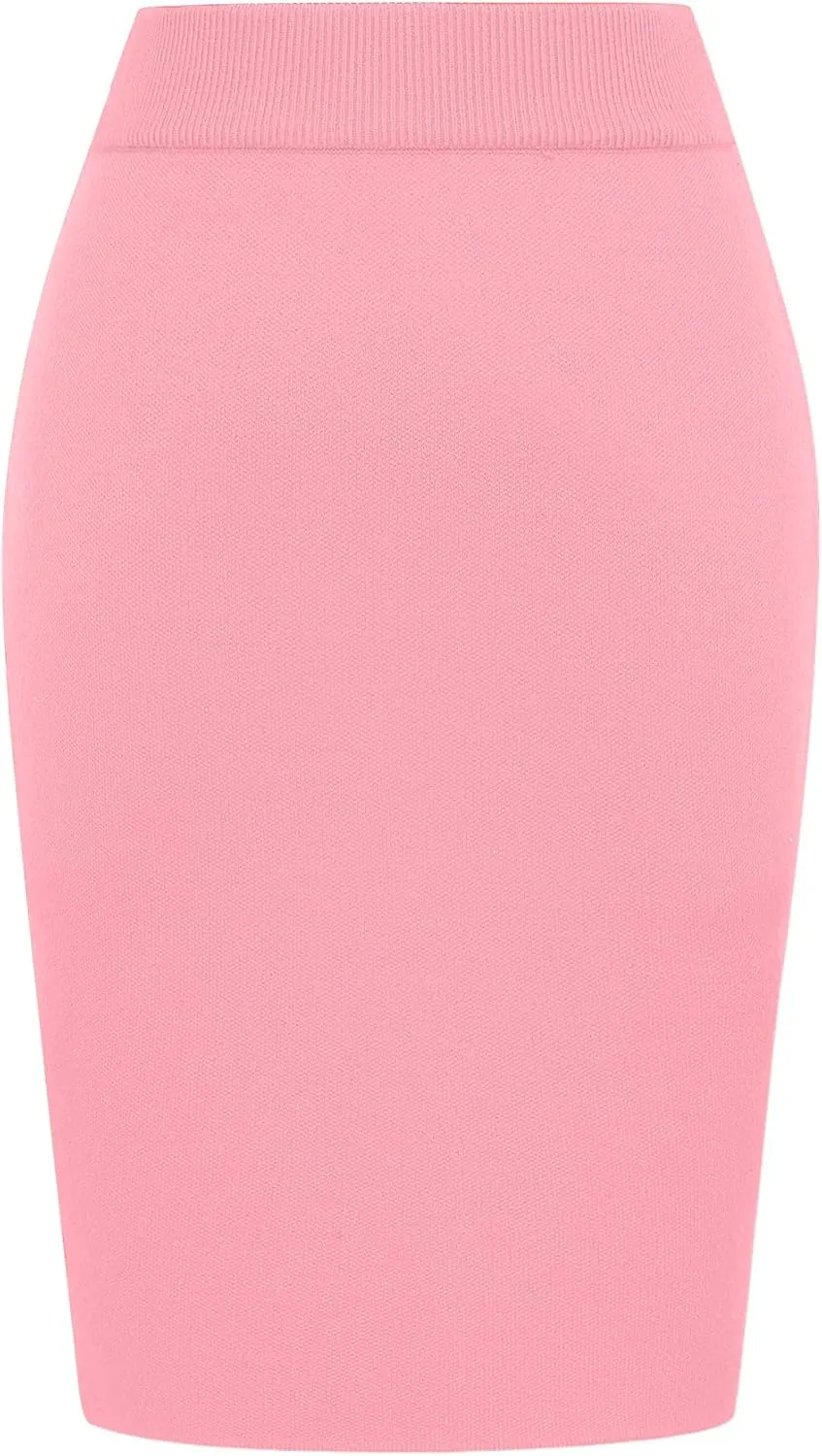 IDEALSANXUN Womens Stretchy Pencil Skirt High Waisted Bodycon Knit Knee Length Skirt with Back Slit