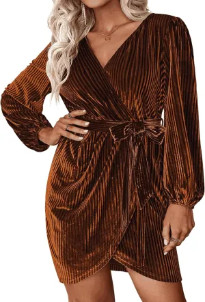 IN'VOLAND Womens Plus Size Long Sleeve Wrap Semi Formal Velvet Mini Dress Sexy V Neck Cocktail Party Midi Dress