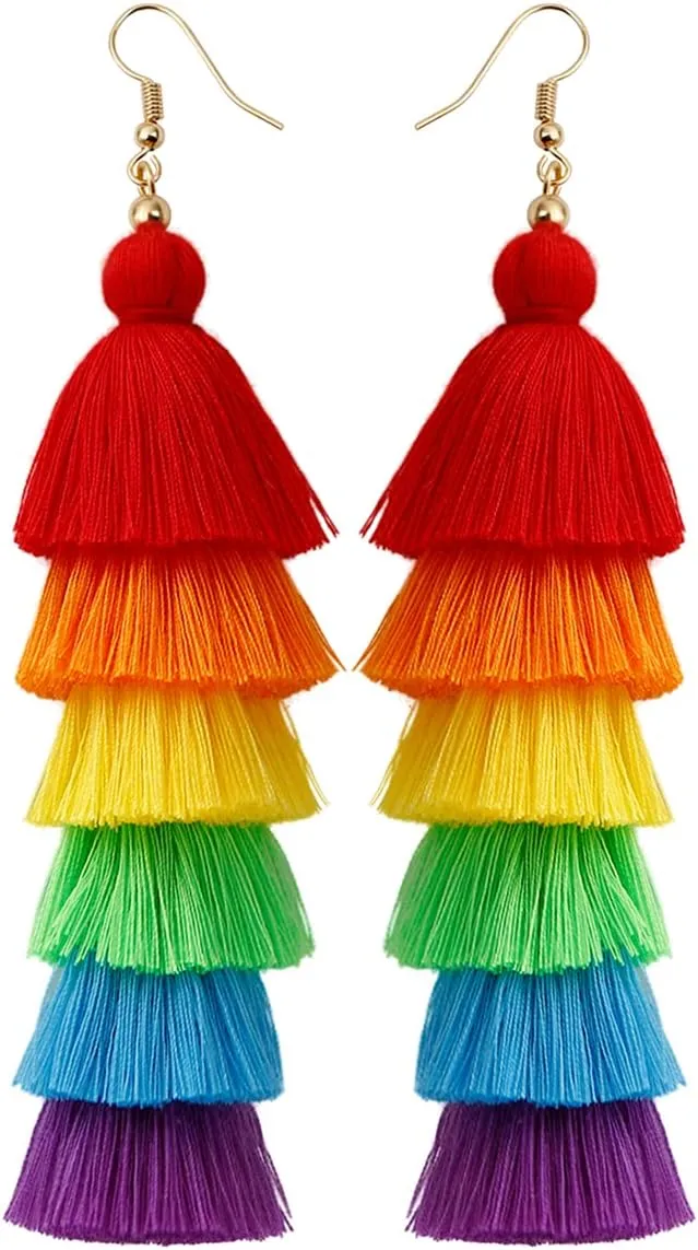 JeanBeau Rainbow Layered Boho Tassel Dangle Drop Earrings for Women Men Long Pride LGBT Accessories Orange Lightweight Fringe Dangling Colorful Earing Jewelry