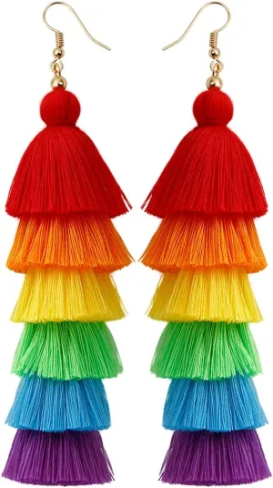 JeanBeau Rainbow Layered Boho Tassel Dangle Drop Earrings for Women Men Long Pride LGBT Accessories Orange Lightweight Fringe Dangling Colorful Earing Jewelry