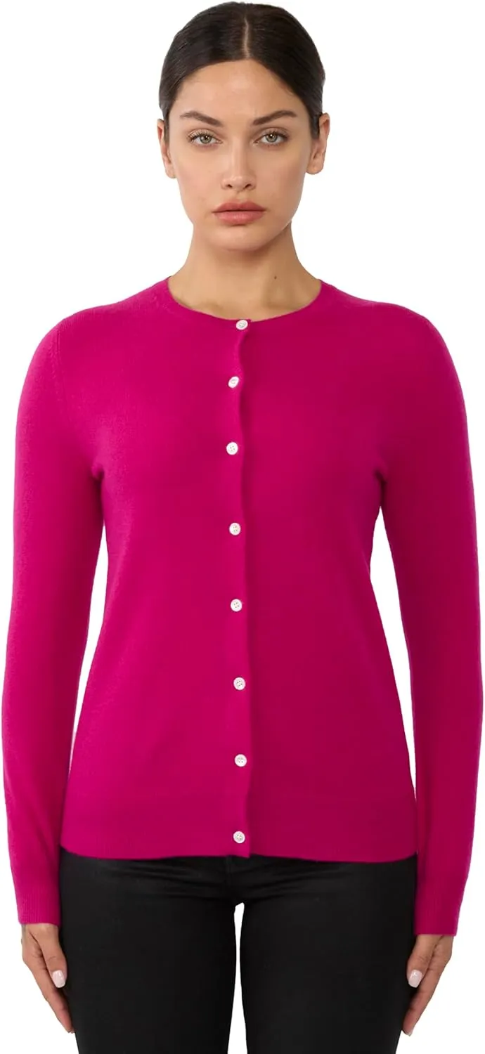 JENNIE LIU Women's 100% Cashmere Button Front Long Sleeve Crewneck Cardigan Sweater