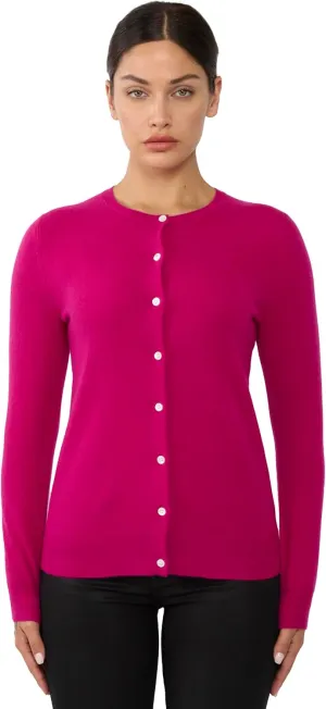 JENNIE LIU Women's 100% Cashmere Button Front Long Sleeve Crewneck Cardigan Sweater