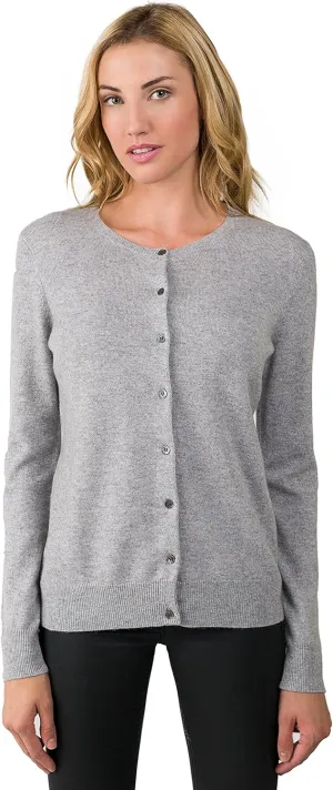 JENNIE LIU Women's 100% Cashmere Button Front Long Sleeve Crewneck Cardigan Sweater