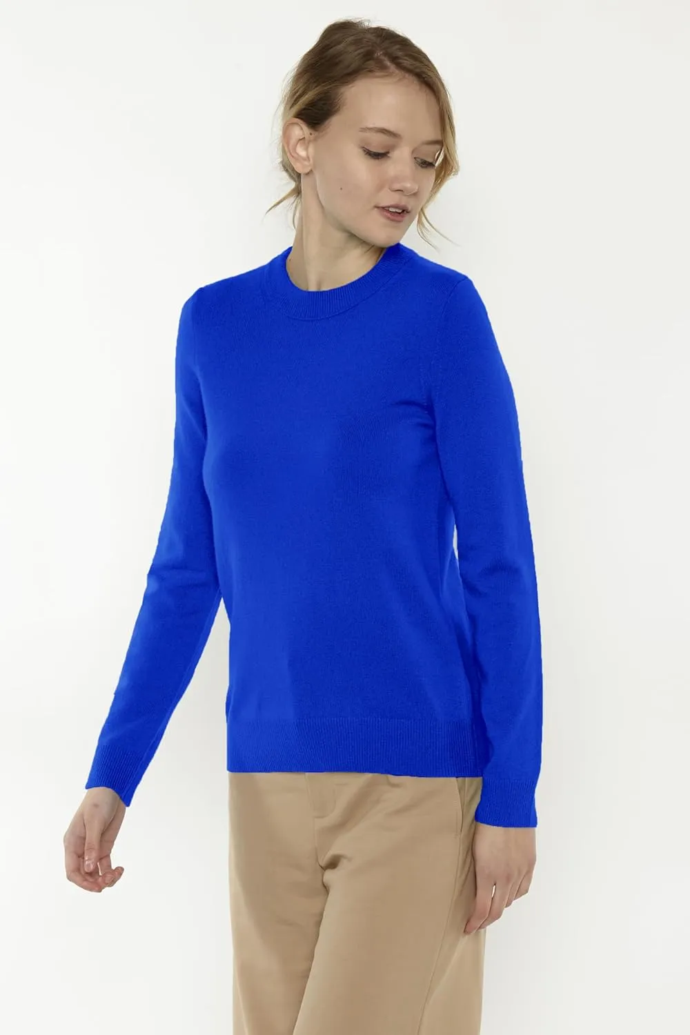 JENNIE LIU Women's 100% Pure Cashmere Long Sleeve Crew Neck Sweater
