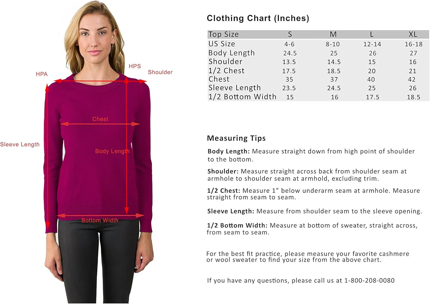 JENNIE LIU Women's 100% Pure Cashmere Long Sleeve Crew Neck Sweater