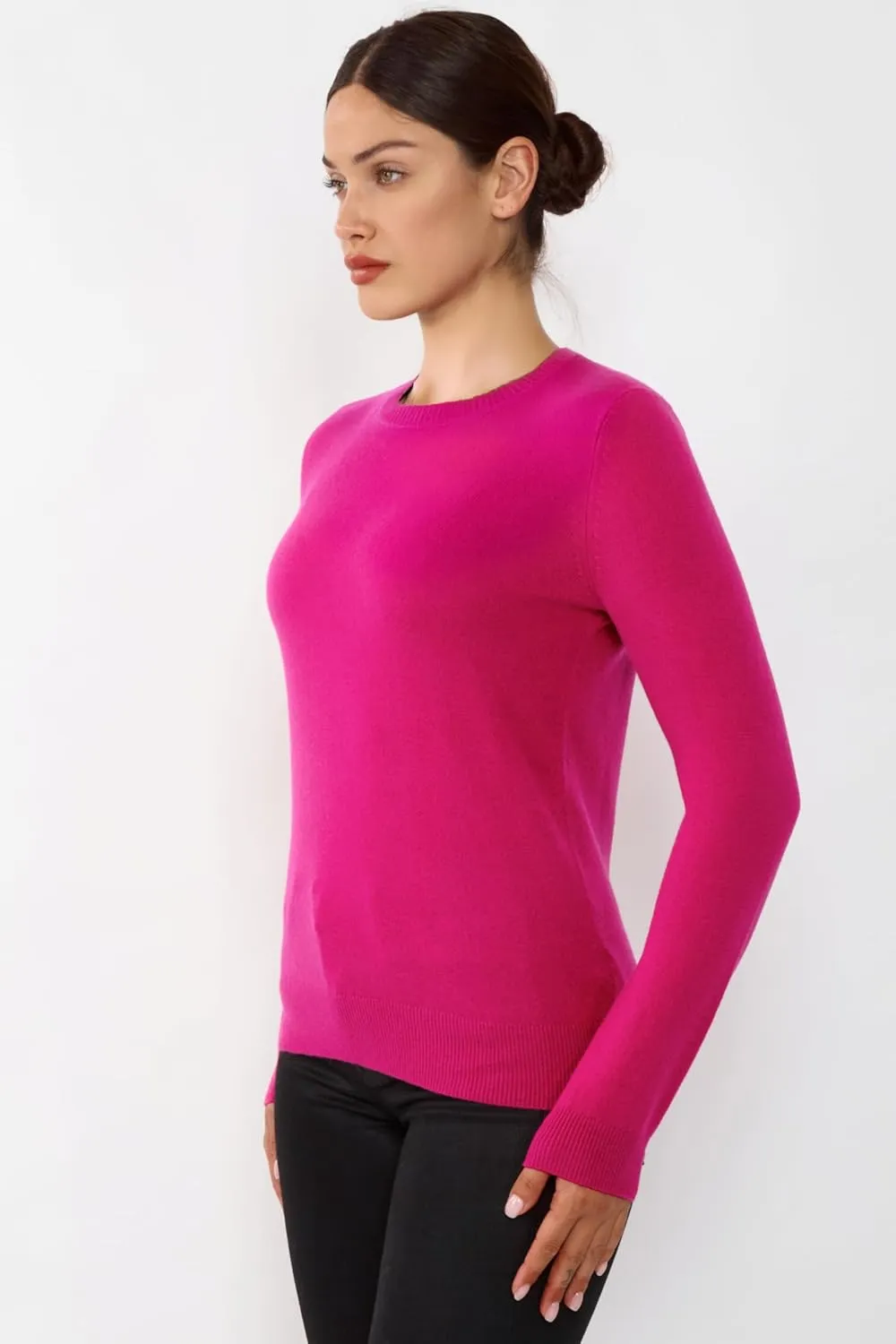 JENNIE LIU Women's 100% Pure Cashmere Long Sleeve Crew Neck Sweater