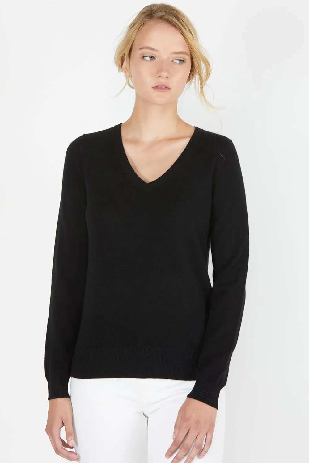 JENNIE LIU Women's 100% Pure Cashmere Long Sleeve Pullover V Neck Sweater