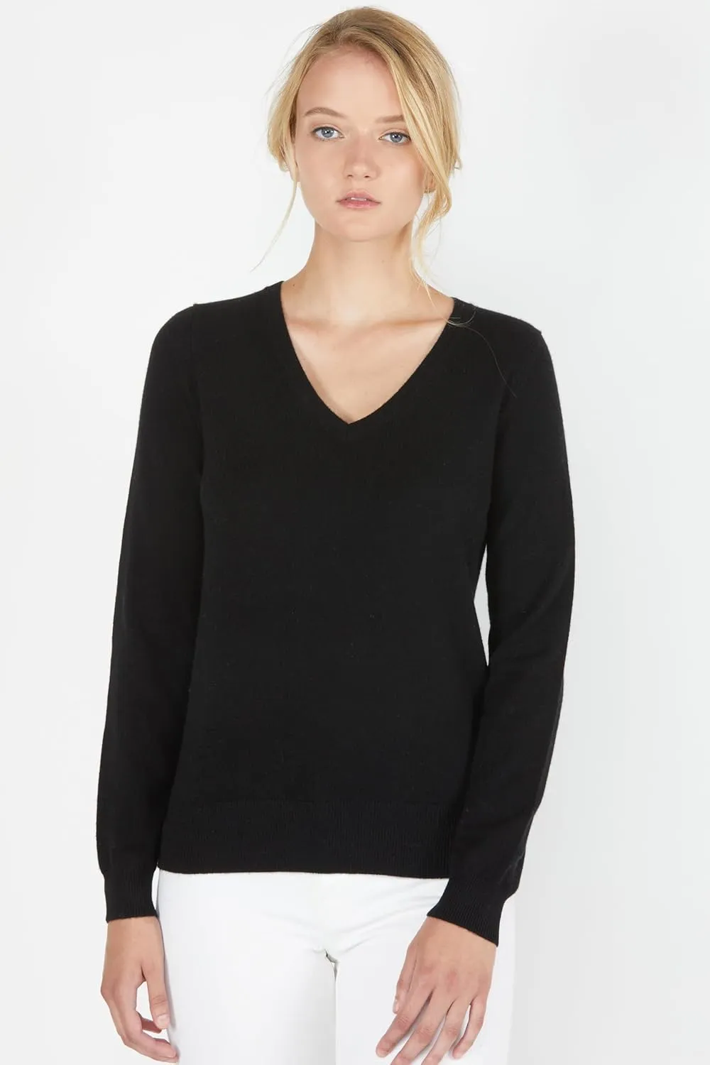 JENNIE LIU Women's 100% Pure Cashmere Long Sleeve Pullover V Neck Sweater