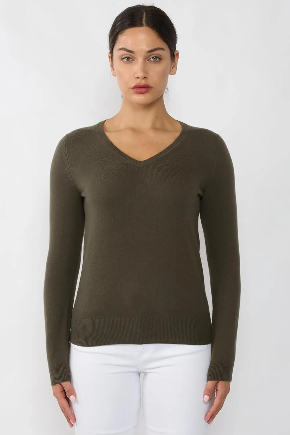 JENNIE LIU Women's 100% Pure Cashmere Long Sleeve Pullover V Neck Sweater
