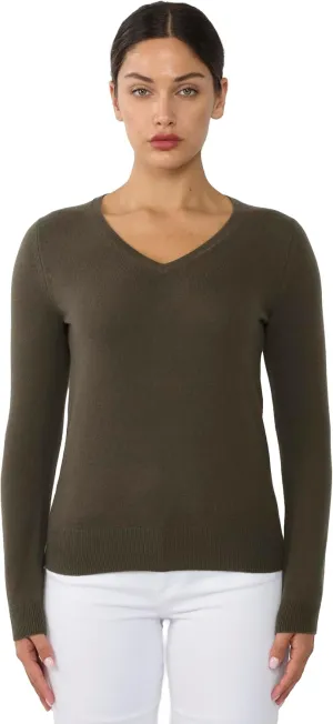 JENNIE LIU Women's 100% Pure Cashmere Long Sleeve Pullover V Neck Sweater
