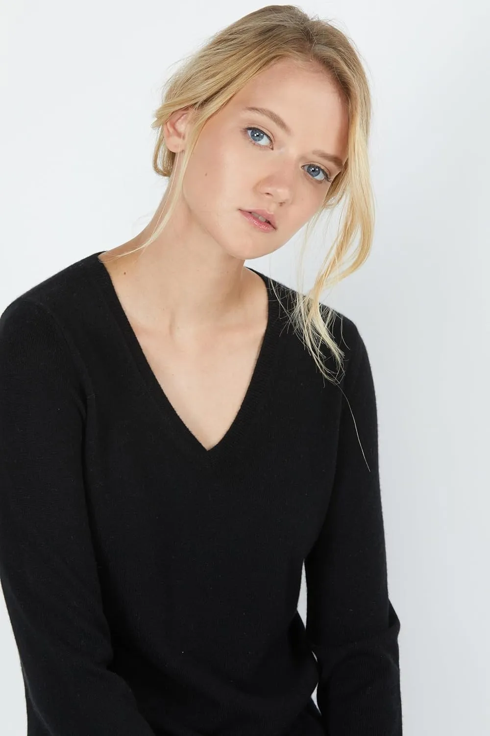 JENNIE LIU Women's 100% Pure Cashmere Long Sleeve Pullover V Neck Sweater
