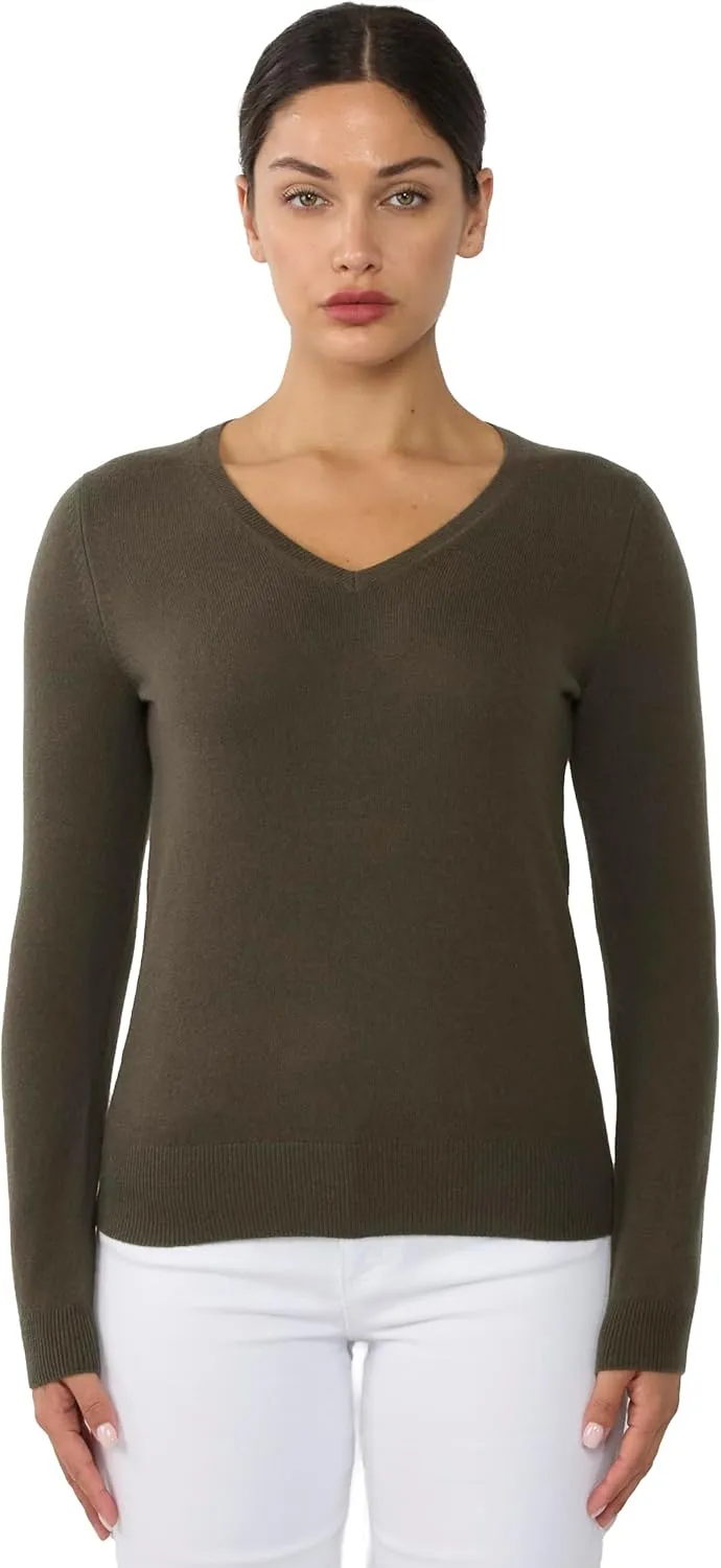 JENNIE LIU Women's 100% Pure Cashmere Long Sleeve Pullover V Neck Sweater