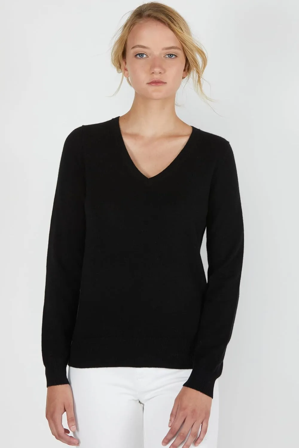 JENNIE LIU Women's 100% Pure Cashmere Long Sleeve Pullover V Neck Sweater
