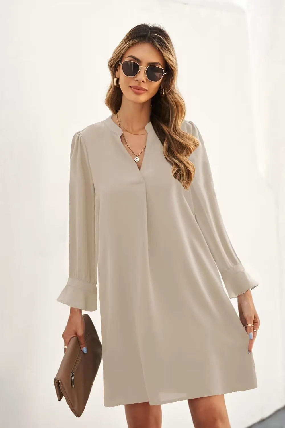 JOCAFIYE Womens Dresses Summer Casual Dress Long Sleeve V Neck Dress Shift Dress for Women 2025