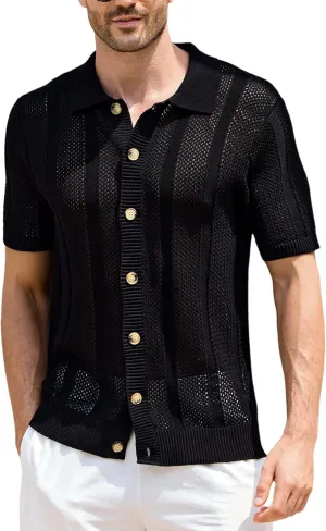 Kallspin Men's Knit Button Down Shirt Short Sleeve Textured Cotton Open Knit Short Sleeve Polo Casual Style