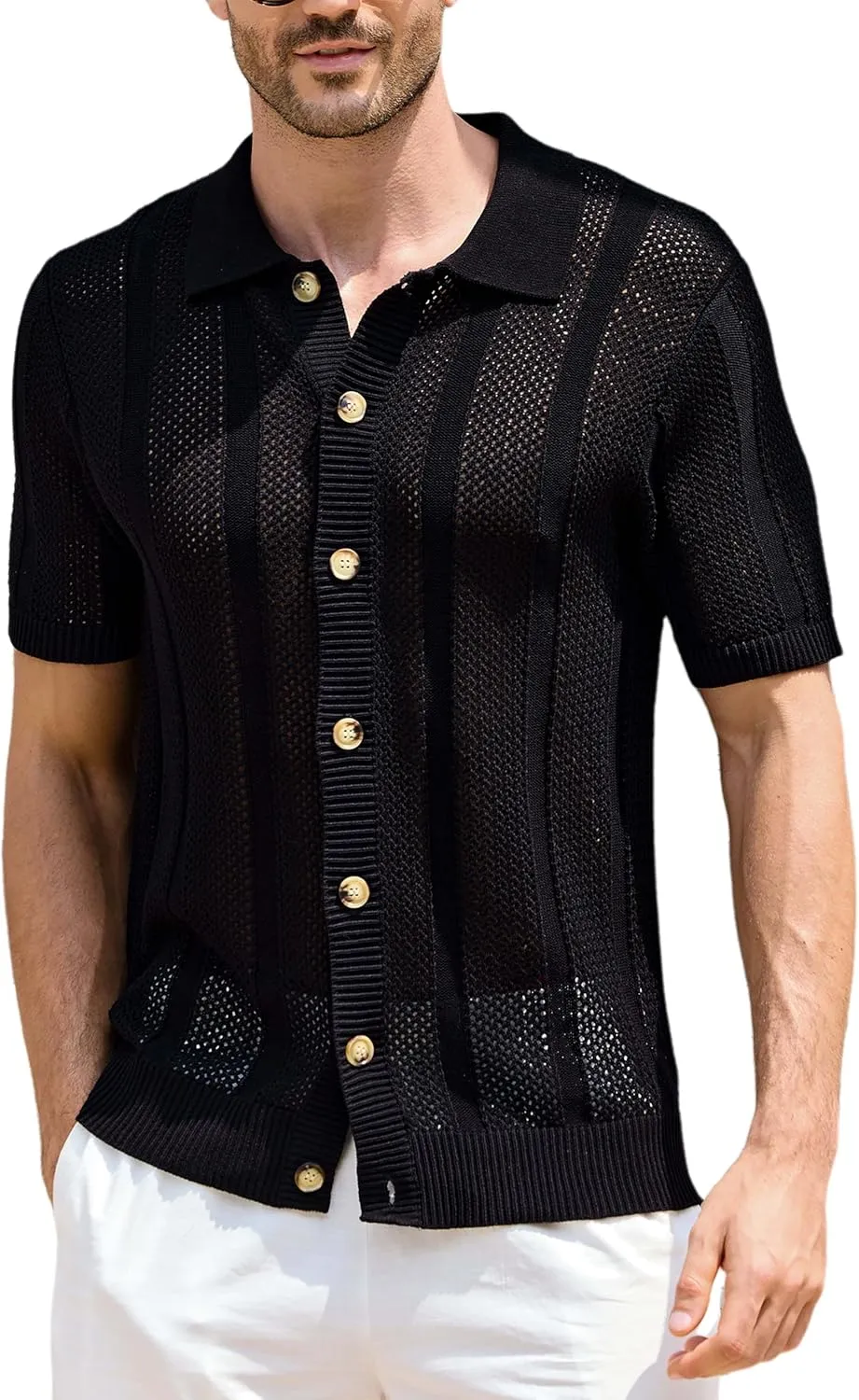 Kallspin Men's Knit Button Down Shirt Short Sleeve Textured Cotton Open Knit Short Sleeve Polo Casual Style